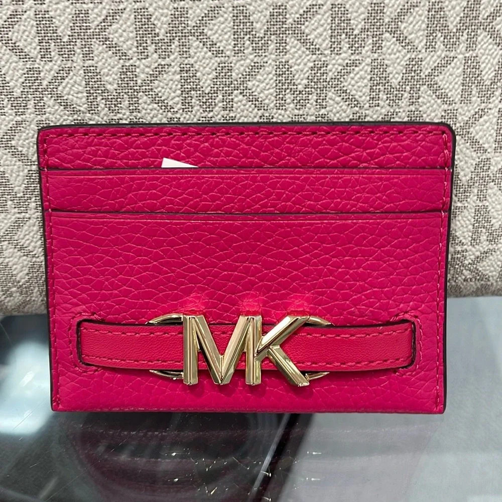 MICHAEL KORS Reed Large Pebbled Leather Card Holder Case Electric Pink  NWT